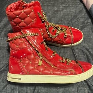 Michael Kors Red Quilted Sneakers with Gold Chains